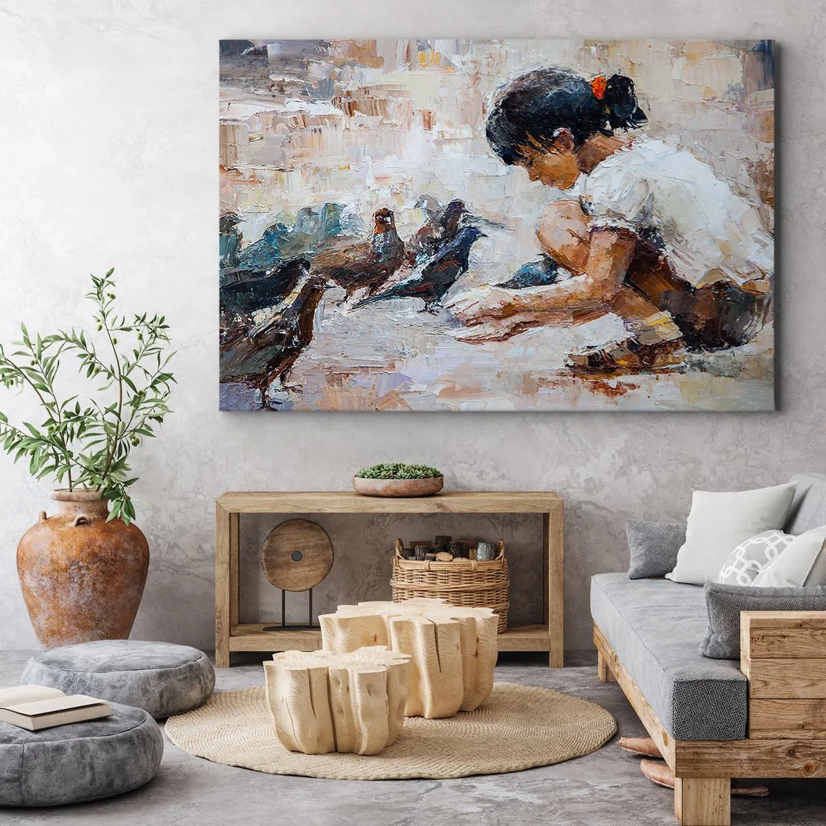 Tablou pe pânză Canvas - O fată care hrănește păsările într-un stil pictural - 70x50cm - Cei mici și cei mai cuminți - Decorațiune modernă pentru perete pentru living și dormitor ARTTOR