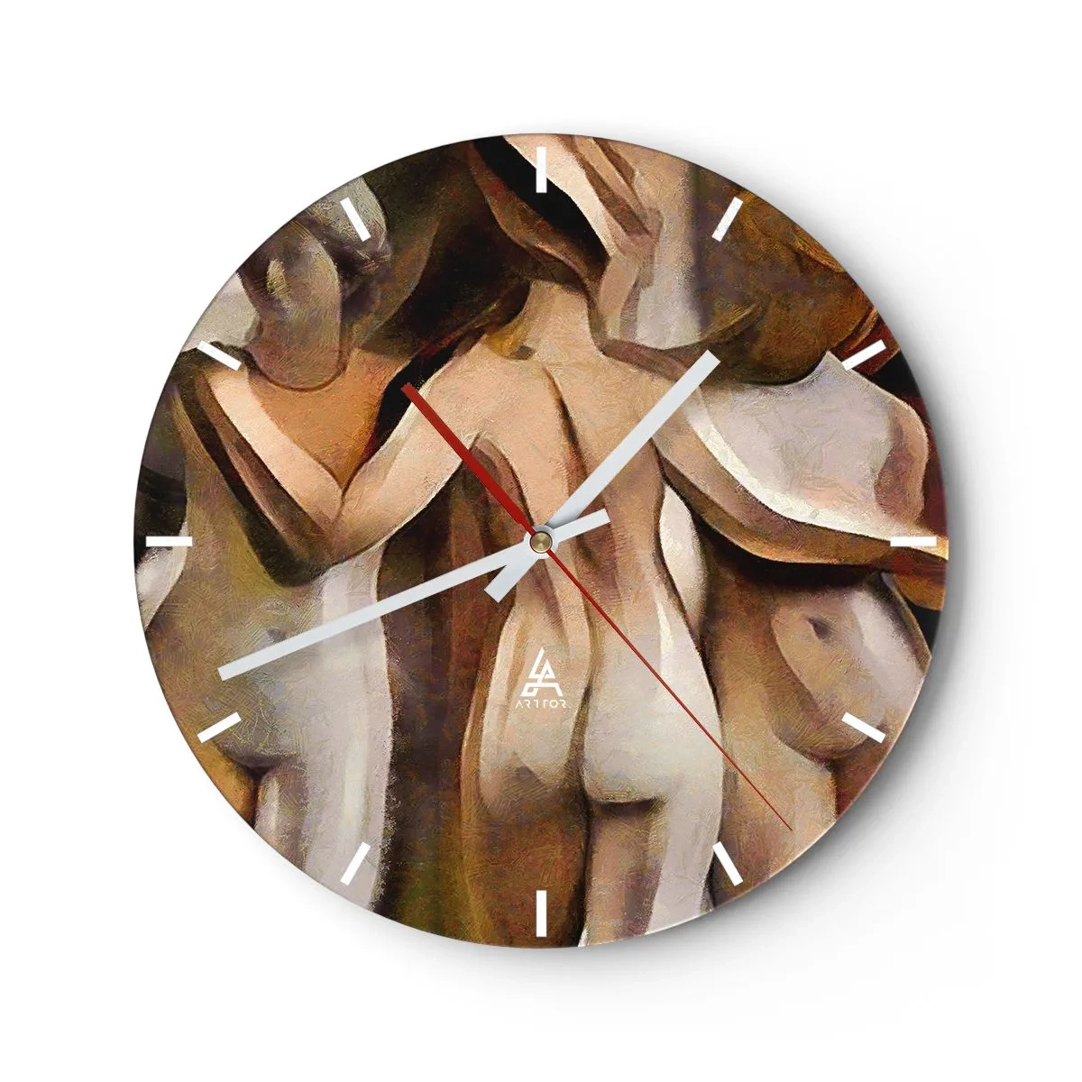 Ceas de perete - Ceas pe sticlă - O interpretare abstractă a trei figuri în culori calde. - 30x30cm - Trei Grații 2.0 - Decorațiune modernă pentru perete pentru living, bucătărie și dormitor ARTTOR