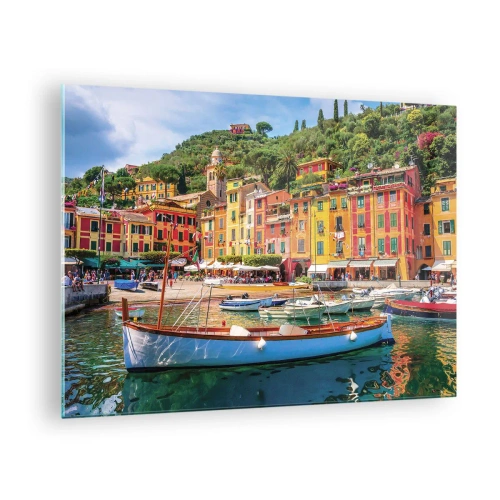 Tablou pe sticlă - Clădiri colorate lângă port într-un oraș pitoresc - 70x50cm - O dimineață italiană - Decorațiune modernă pentru perete pentru living și dormitor ARTTOR