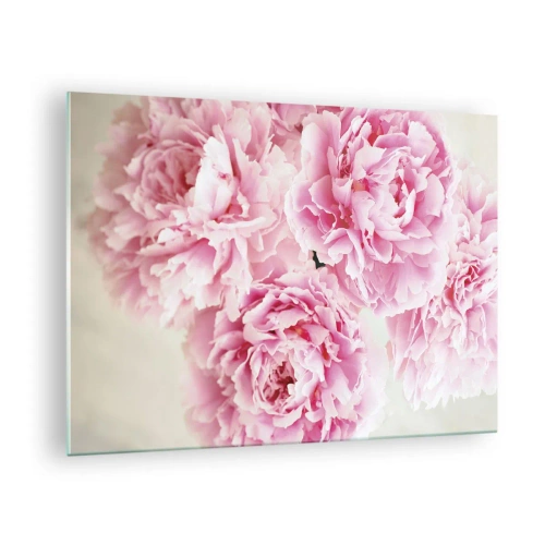 Tablou pe sticlă - Un buchet de bujori roz plini pe un fundal deschis - 70x50cm - În luxul roz - Decorațiune modernă pentru perete pentru living și dormitor ARTTOR