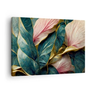Tablou pe pânză Canvas - Frunze elegante în verde, auriu și roz - 70x50cm - Eleganța naturală și stil - Decorațiune modernă pentru perete pentru living și dormitor ARTTOR
