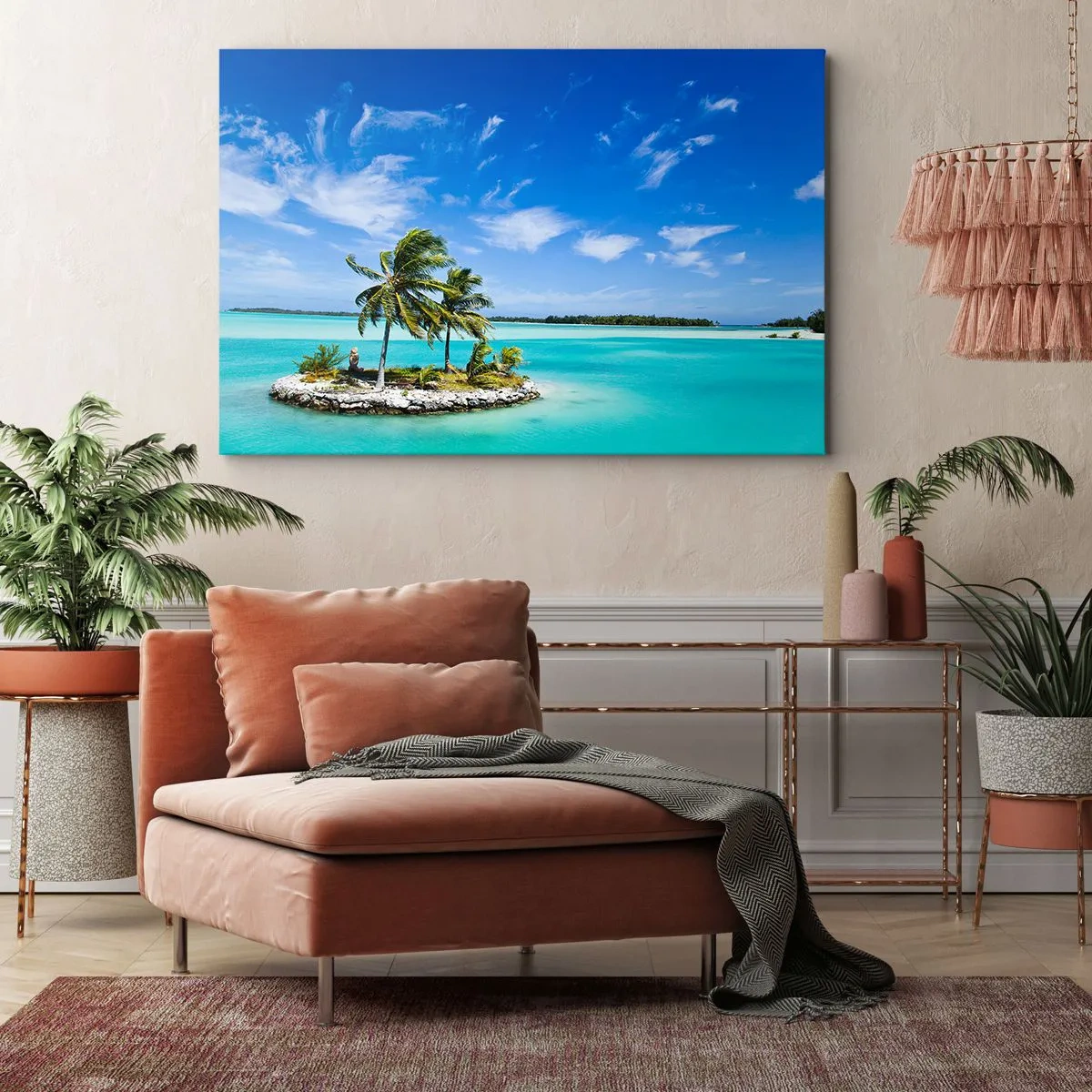 Tablou pe pânză Canvas - O insulă exotică cu palmieri pe ape turcoaz - 70x50cm - Paradisul pe pământ - Decorațiune modernă pentru perete pentru living și dormitor ARTTOR