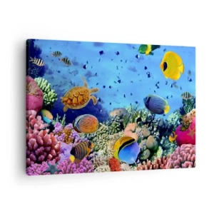 Tablou pe pânză Canvas - Recif de corali cu pești colorați și o broască țestoasă marină - 70x50cm - Și ce știm noi despre viață... - Decorațiune modernă pentru perete pentru living și dormitor ARTTOR