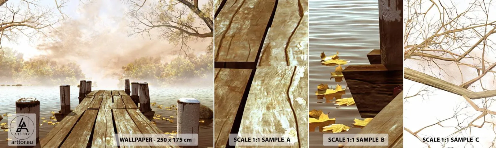 Mostră tapet autocolant Deluxe Sticker - Tristețea blândă a toamnei - Peisaj, Lac, Pod de lemn - 100x30 cm