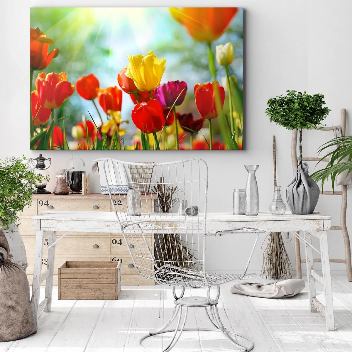 Tablou pe pânză Canvas - Lalele colorate în soare - 70x50cm - Toate culorile soarelui - Decorațiune modernă pentru perete pentru living și dormitor ARTTOR