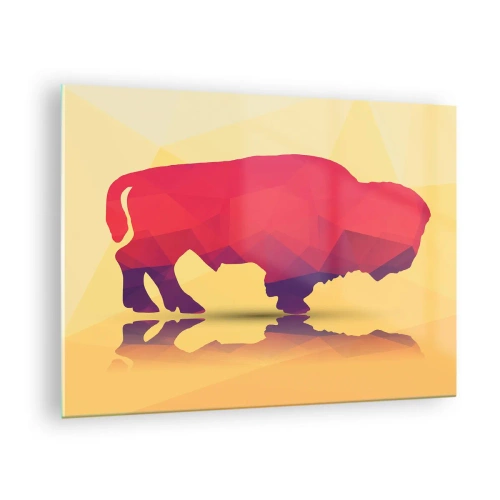Tablou pe sticlă - Bizon geometric în culori calde - 70x50cm - Puterea amarantului de zimbru - Decorațiune modernă pentru perete pentru living și dormitor ARTTOR