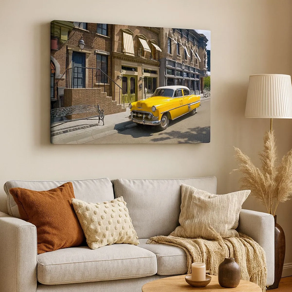 Tablou pe pânză Canvas - Un taxi galben pe o stradă mărginită de case de locuit - 70x50cm - A fost odată ca niciodată în America - Decorațiune modernă pentru perete pentru living și dormitor ARTTOR
