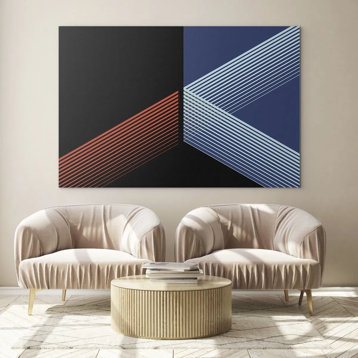 Tablou pe sticlă - O compoziție geometrică modernă cu linii și contrast de culori. - 70x50cm - O poveste simplă - Decorațiune modernă pentru perete pentru living și dormitor ARTTOR