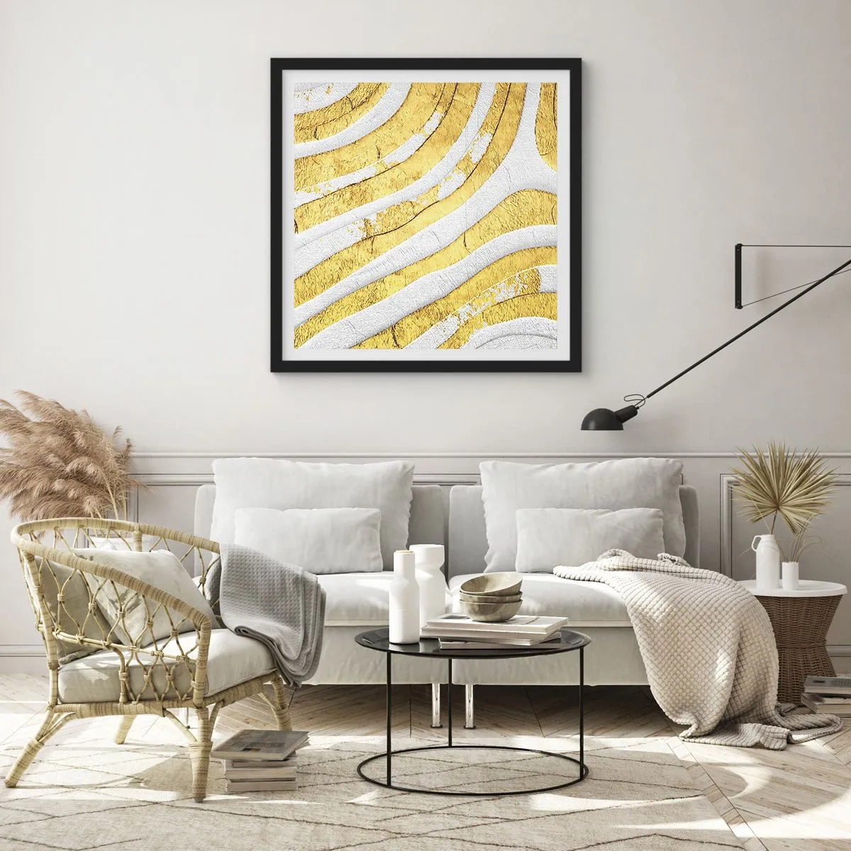 Poster în ramă neagră - Compoziția în alb și auriu - 30x30 cm