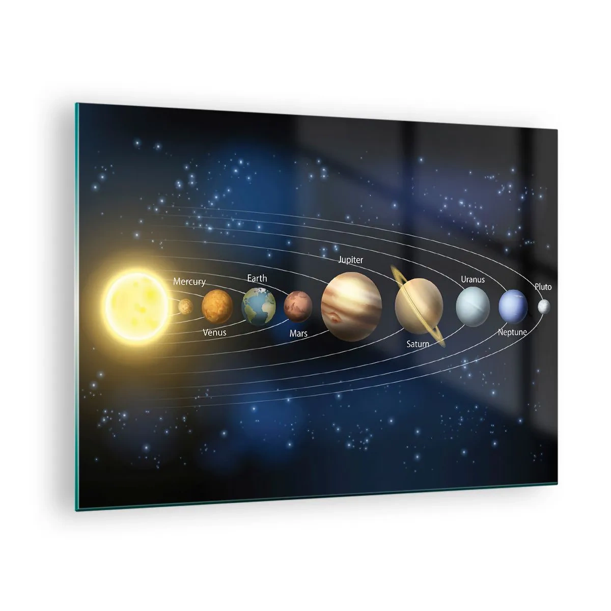 Tablou pe sticlă - Sistemul solar cu planete și stele în fundal - 70x50cm - Una din zece - Decorațiune modernă pentru perete pentru living și dormitor ARTTOR