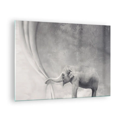 Tablou pe sticlă - Un elefant într-un decor suprarealist cu o perdea - 70x50cm - Dezvăluirea misterului - Decorațiune modernă pentru perete pentru living și dormitor ARTTOR