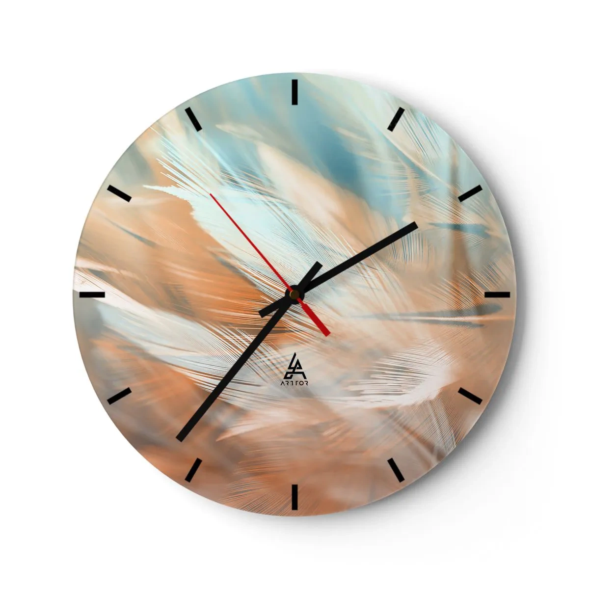 Ceas de perete - Ceas pe sticlă - Pene delicate în nuanțe pastelate de albastru și piersică - 30x30cm - În țara blândeții - Decorațiune modernă pentru perete pentru living, bucătărie și dormitor ARTTOR