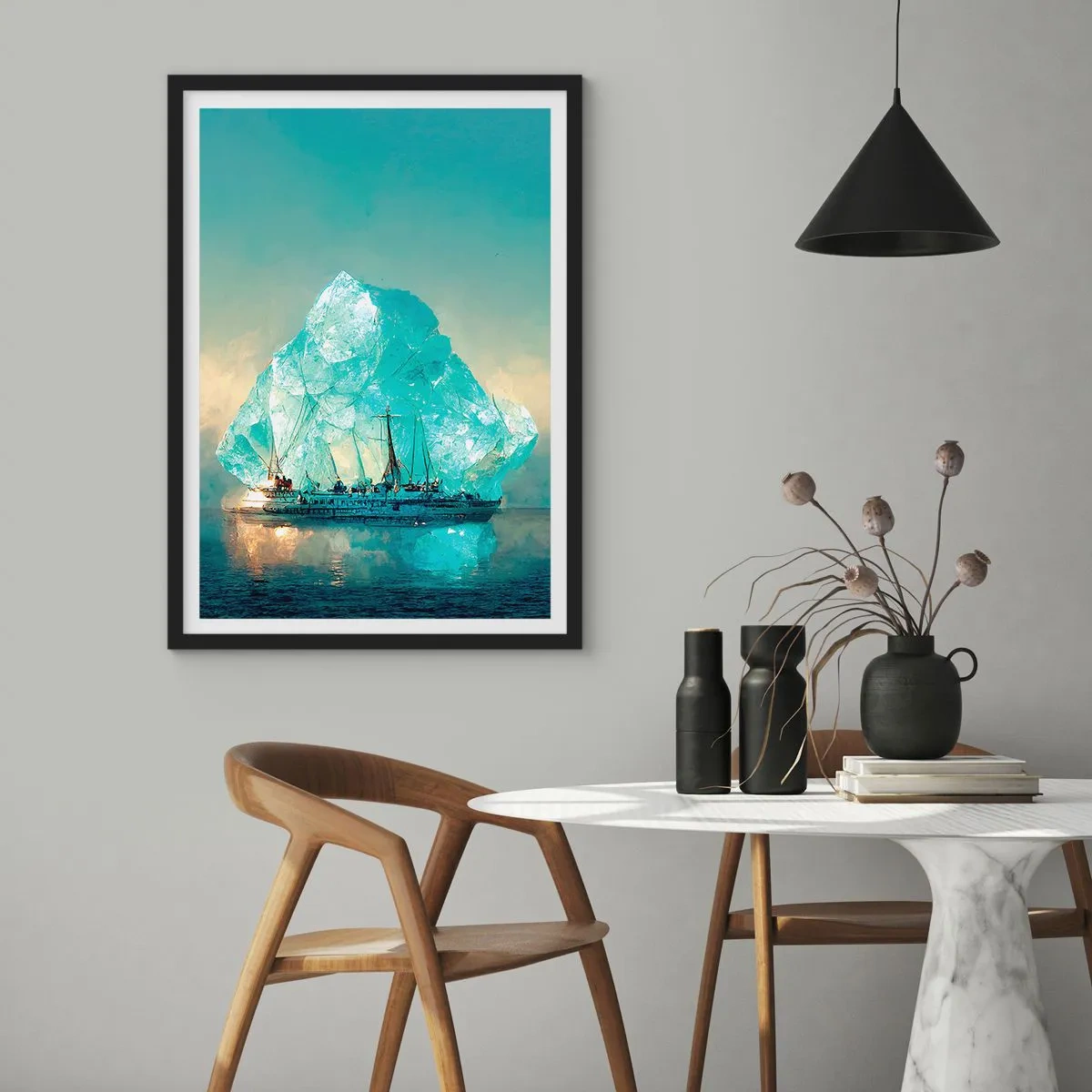 Poster în ramă neagră - O navă lângă un aisberg uriaș - 50x70cm - Diamant arctic - Decorațiune modernă pentru perete pentru living și dormitor ARTTOR