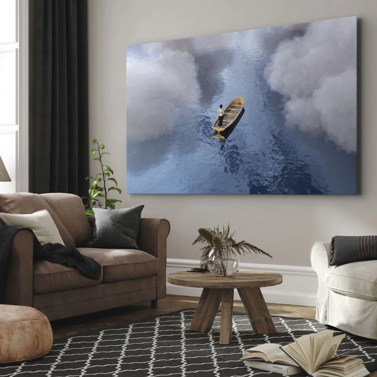 Tablou pe pânză Canvas - Un bărbat într-o barcă pe o mare calmă, înconjurat de nori - 70x50cm - Viață - călătorie - necunoscut - Decorațiune modernă pentru perete pentru living și dormitor ARTTOR