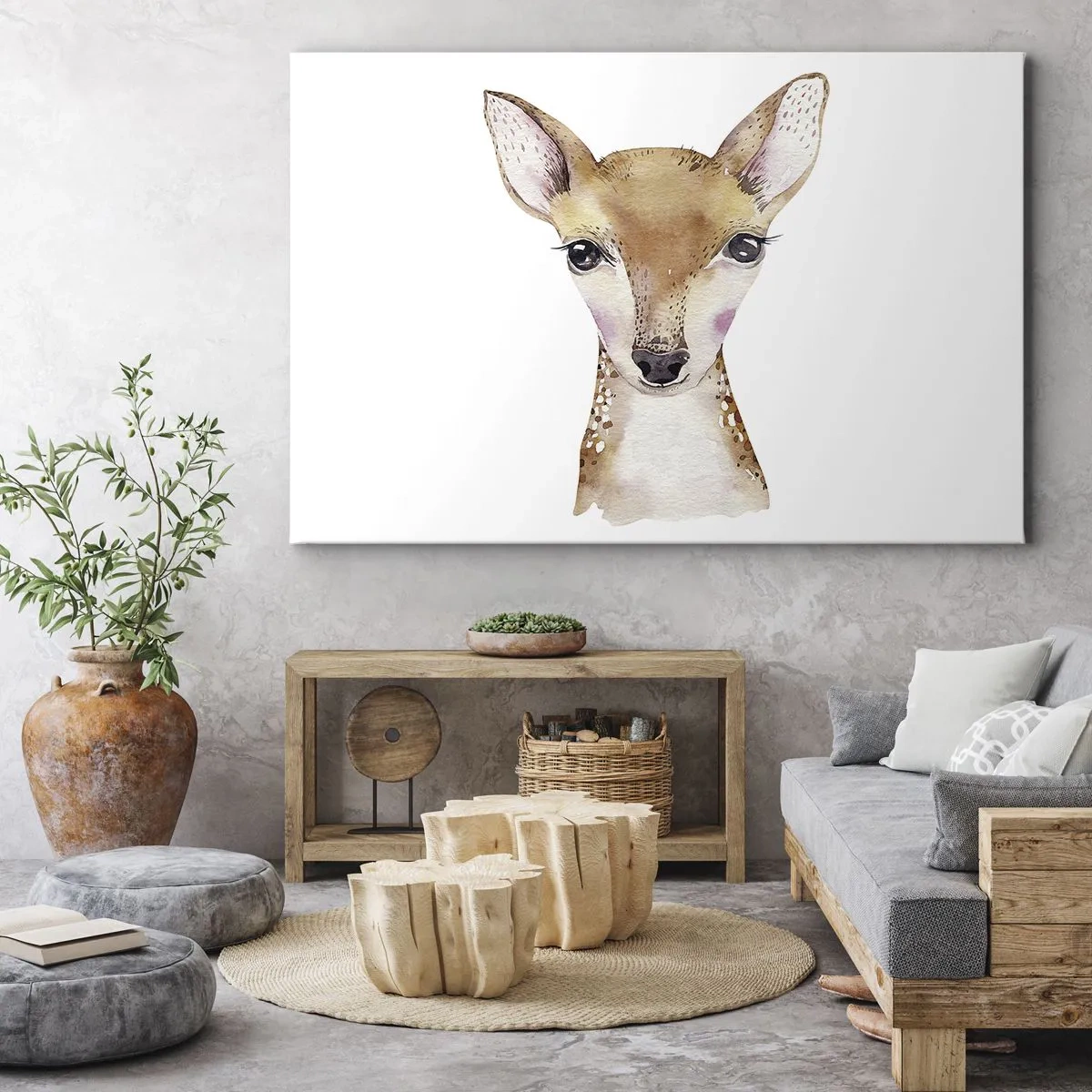 Tablou pe pânză Canvas - Portret în acuarelă al unui cerb tânăr pe fundal alb - 70x50cm - Natura inocenței - Decorațiune modernă pentru perete pentru living și dormitor ARTTOR