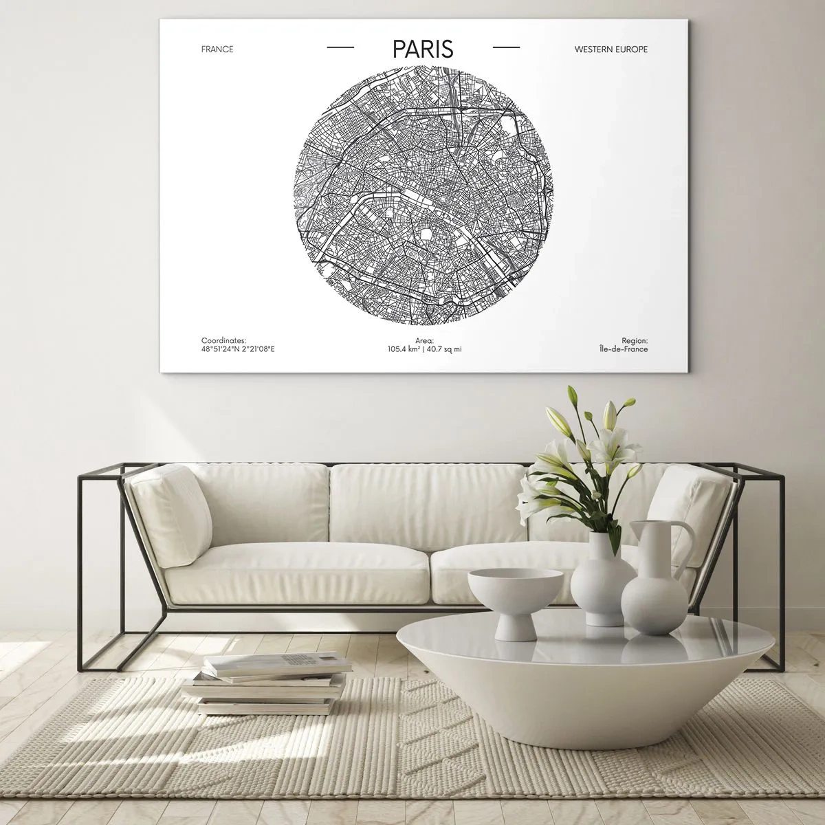 Tablou pe sticlă - O hartă circulară a Parisului în ilustrație alb-negru - 70x50cm - Anatomia Parisului - Decorațiune modernă pentru perete pentru living și dormitor ARTTOR