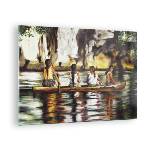 Tablou pe sticlă - Femei într-o barcă pe fundalul unor stânci pitorești și al apei - 70x50cm - Într-un paradis polinezian - Decorațiune modernă pentru perete pentru living și dormitor ARTTOR
