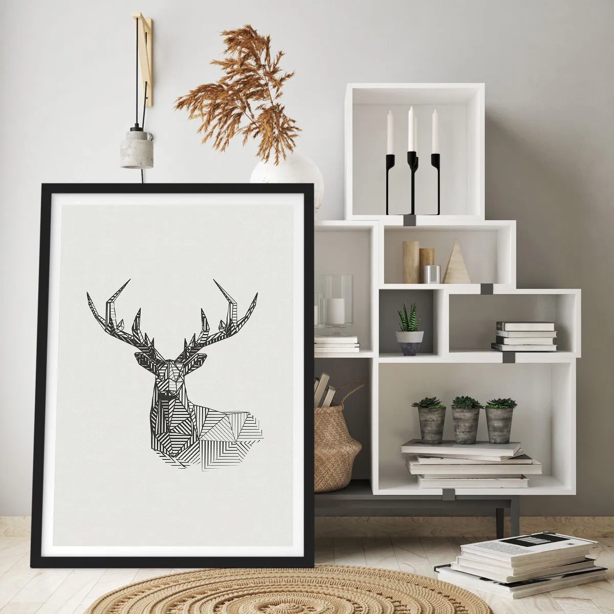 Poster în ramă neagră - Siluetă geometrică a unui cerb în stil alb-negru - 50x70cm - Cerb în stil cubist - Decorațiune modernă pentru perete pentru living și dormitor ARTTOR