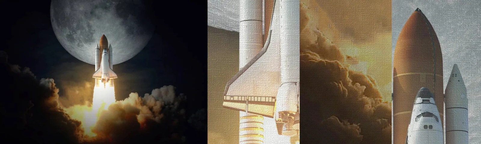 Mostră tapet Premium Canvas - Începutul unei aventuri nepământene - Luna, O rachetă spațială, NASA - 100x30 cm