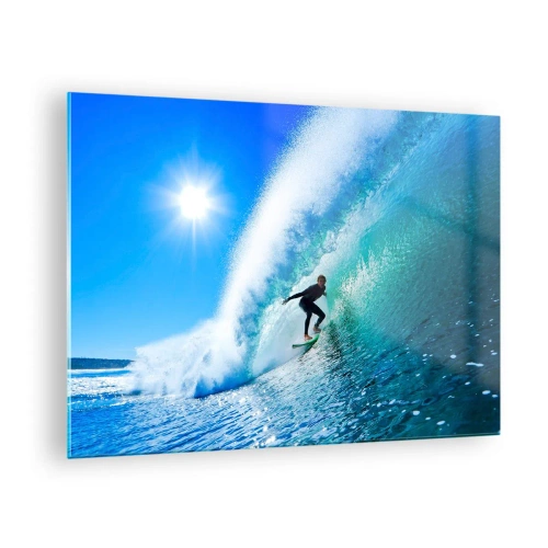 Tablou pe sticlă - Surfer pe un val într-o zi însorită - 70x50cm - Prin marele albastru - Decorațiune modernă pentru perete pentru living și dormitor ARTTOR