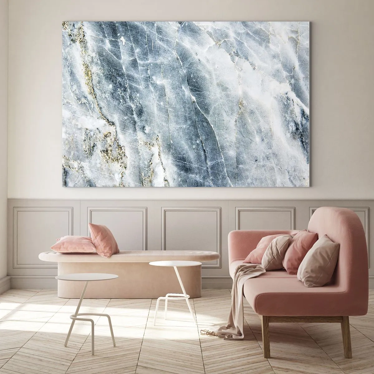 Tablou pe sticlă - Textură abstractă de marmură de gheață în nuanțe de albastru și alb - 70x50cm - Lumea de gheață - Decorațiune modernă pentru perete pentru living și dormitor ARTTOR