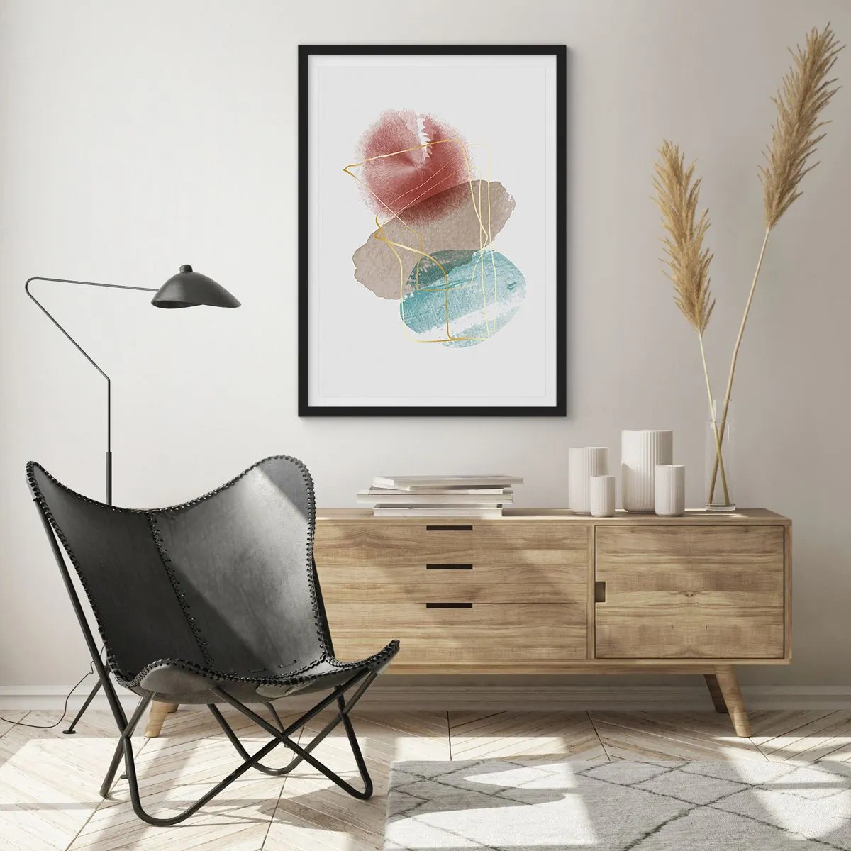 Poster în ramă neagră - Compoziție abstractă în culori pastelate - 50x70cm - Mărgele de spațiu - Decorațiune modernă pentru perete pentru living și dormitor ARTTOR
