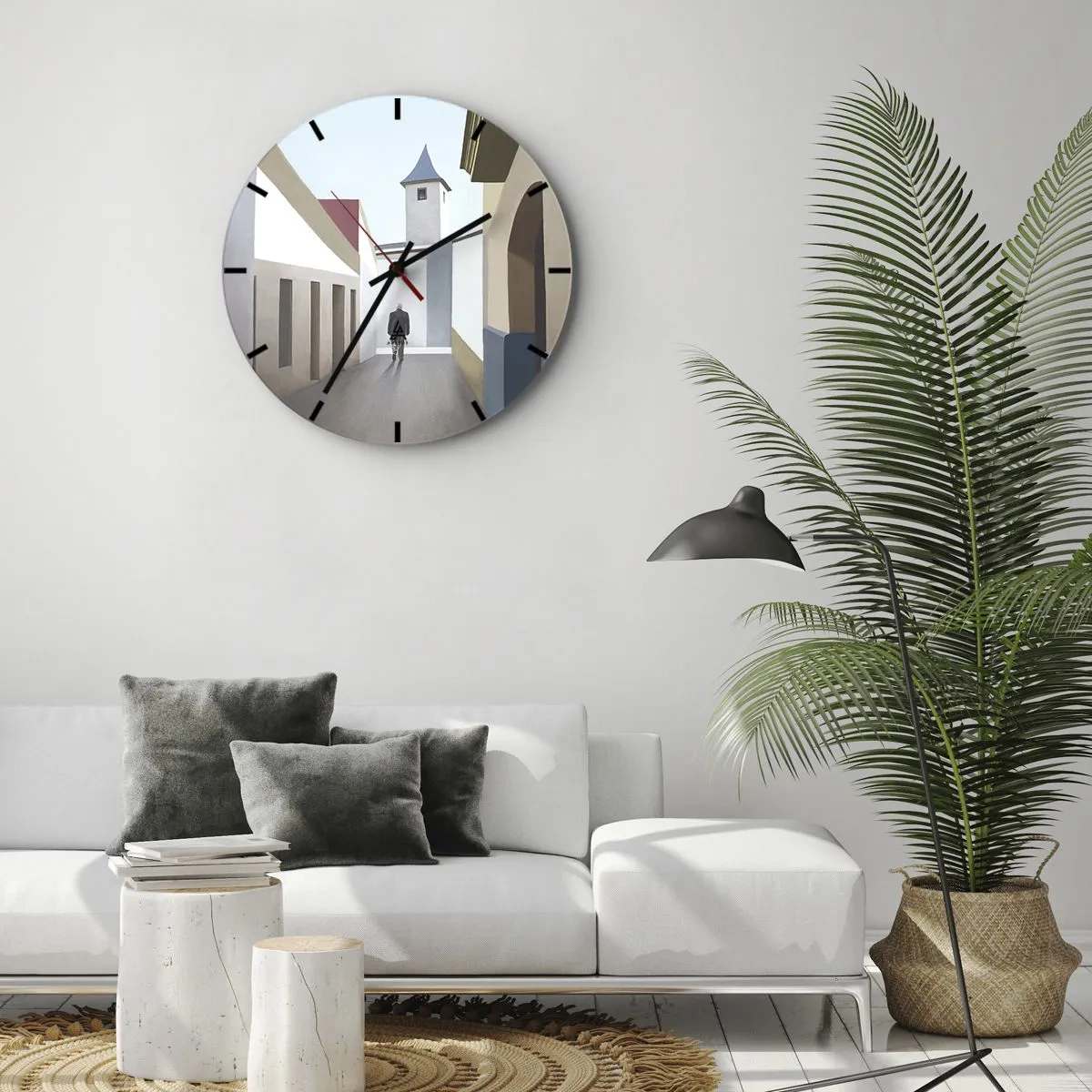 Ceas de perete - Ceas pe sticlă - O figură pe fundalul unei străzi de oraș, într-un decor luminos, geometric - 30x30cm - Plimbare însorită - Decorațiune modernă pentru perete pentru living, bucătărie și dormitor ARTTOR