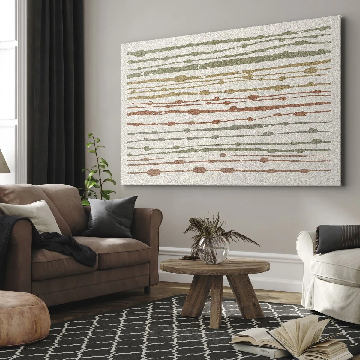 Tablou pe pânză Canvas - Un model de linii în nuanțe calde pe un fundal deschis - 70x50cm - Notația culorilor muzicale - Decorațiune modernă pentru perete pentru living și dormitor ARTTOR