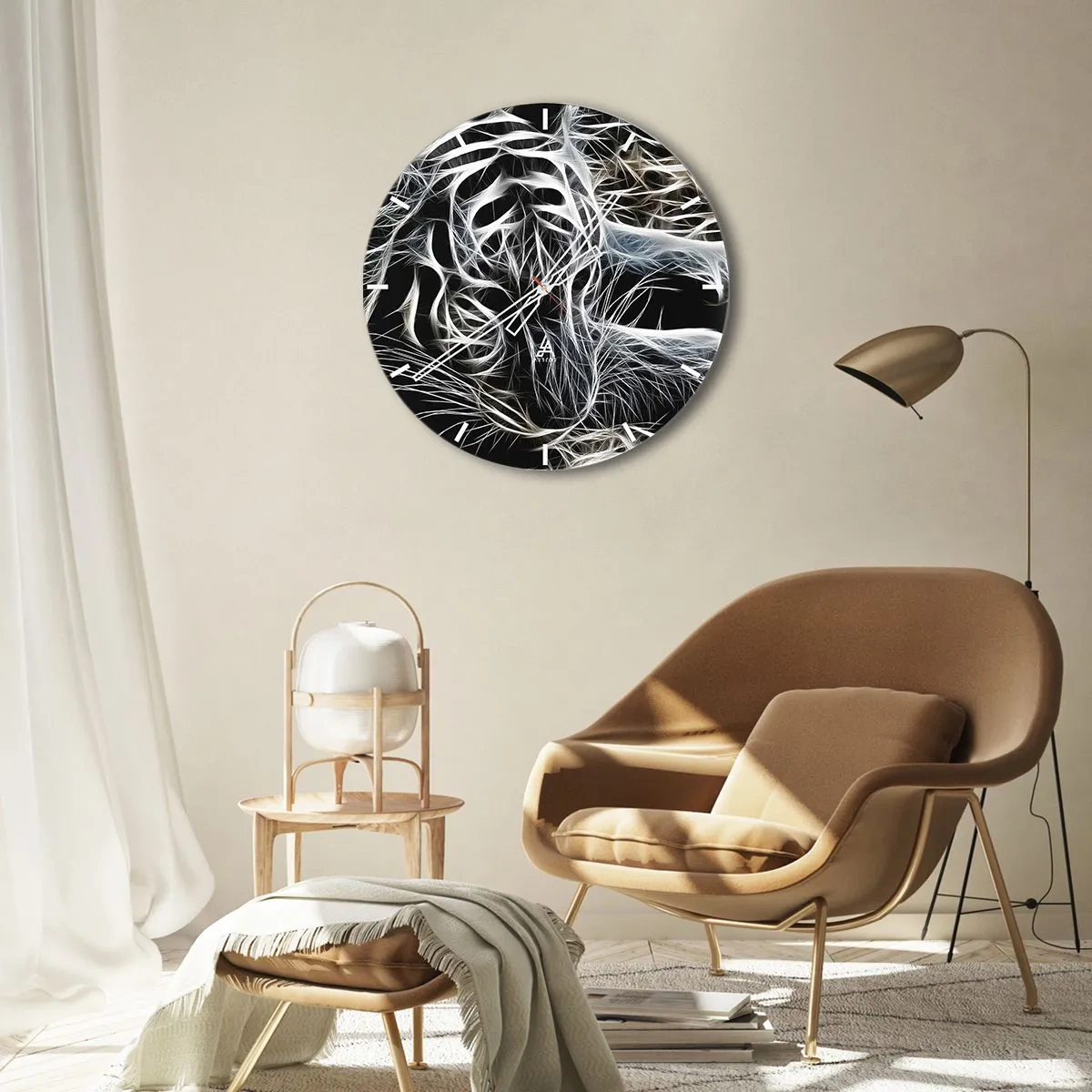 Ceas de perete - Ceas pe sticlă - Vizualizare abstractă a mustăților de pisică în culori neon - 30x30cm - Un studiu al lejerității felinelor - Decorațiune modernă pentru perete pentru living, bucătărie și dormitor ARTTOR