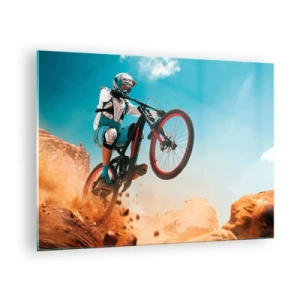 Tablou pe sticlă - Scenă dinamică a unui ciclist în acțiune pe teren stâncos - 70x50cm - Nebunia demonului bicicletei - Decorațiune modernă pentru perete pentru living și dormitor ARTTOR