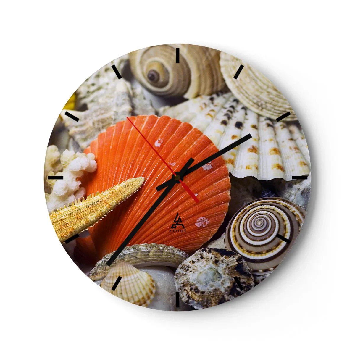 Ceas de perete - Ceas pe sticlă - Prim-plan cu scoici și stele de mare în culori naturale - 30x30cm - Comorile oceanului - Decorațiune modernă pentru perete pentru living, bucătărie și dormitor ARTTOR