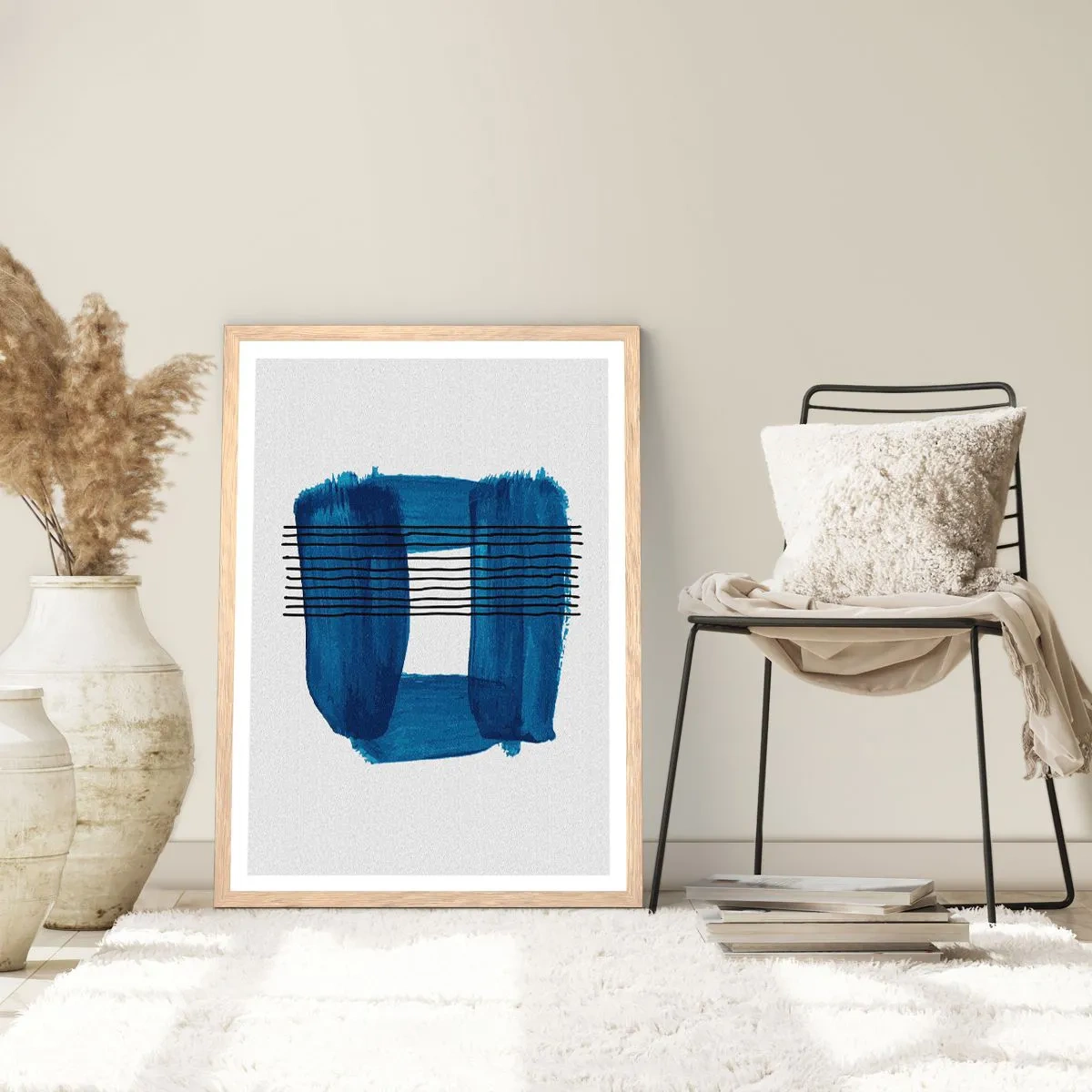 Poster în ramă de stejar deschis - Compoziție albastru-negru - 70x100 cm