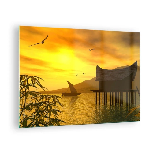 Tablou pe sticlă - Apus de soare peste lac cu o casă pe piloni - 70x50cm - Pacea dorită - Decorațiune modernă pentru perete pentru living și dormitor ARTTOR