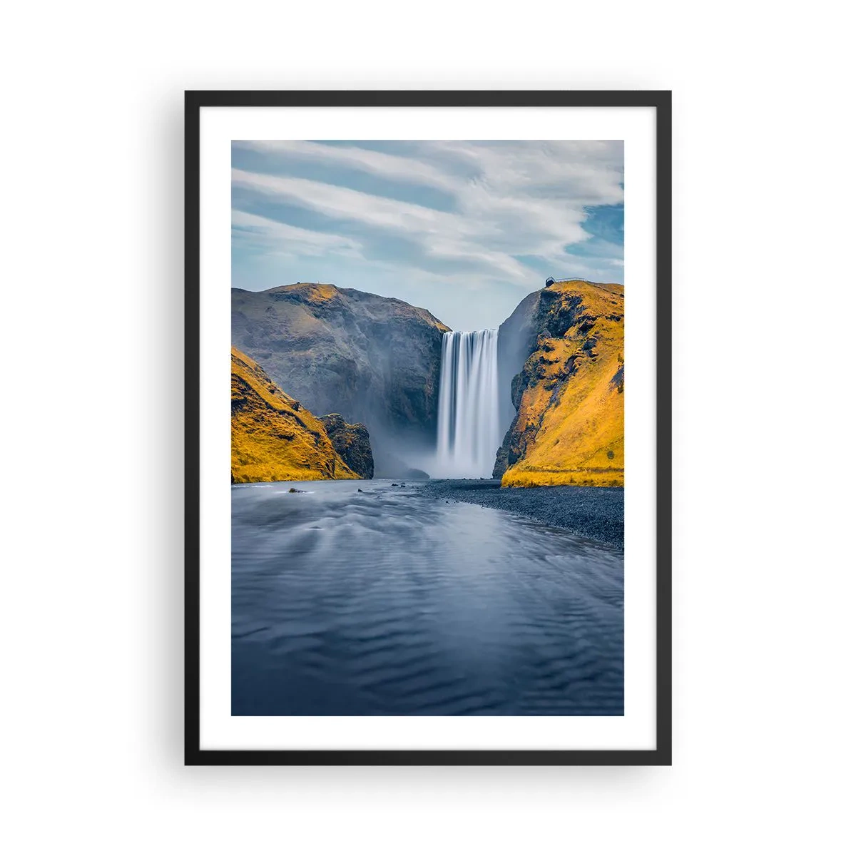 Poster în ramă neagră - O cascadă care curge din munți înconjurați de pante aurii - 50x70cm - Durată eternă, mișcare eternă - Decorațiune modernă pentru perete pentru living și dormitor ARTTOR