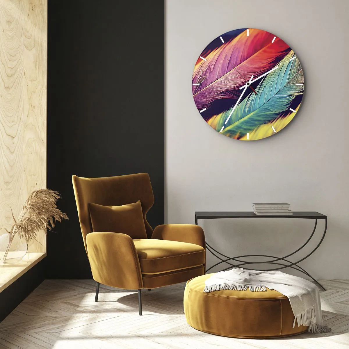 Ceas de perete - Ceas pe sticlă - Pene colorate în culori intense creând un curcubeu - 30x30cm - Curcubeu cu pene - Decorațiune modernă pentru perete pentru living, bucătărie și dormitor ARTTOR