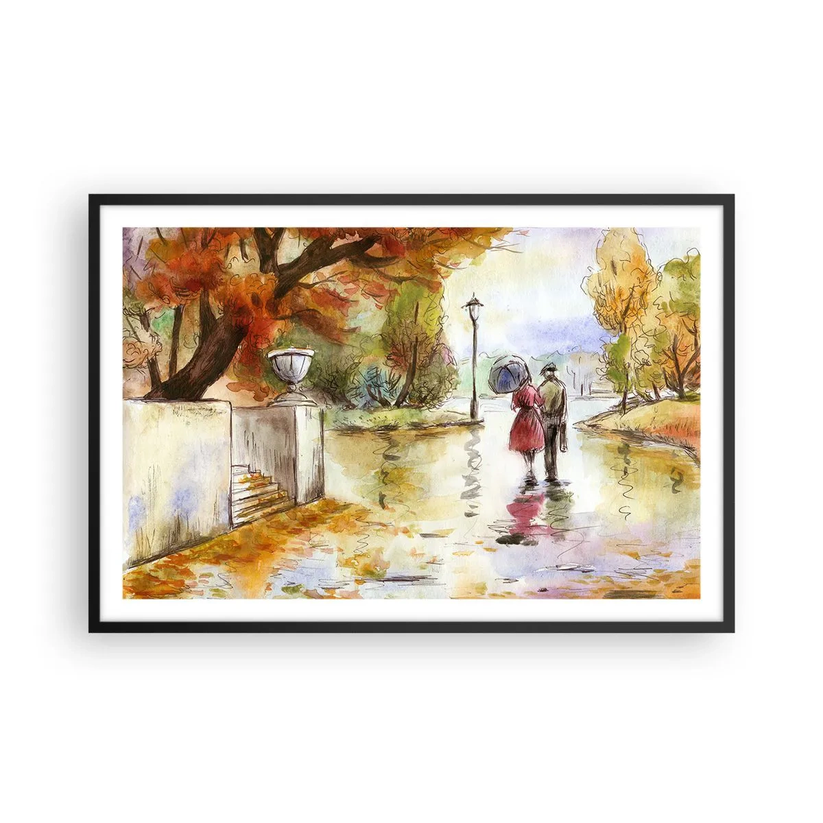 Poster în ramă neagră - Toamnă romantică în parc - 91x61 cm