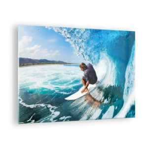 Tablou pe sticlă - Surfer într-un tunel acvatic cu oceanul în fundal - 70x50cm - Dansând cu valurile - Decorațiune modernă pentru perete pentru living și dormitor ARTTOR