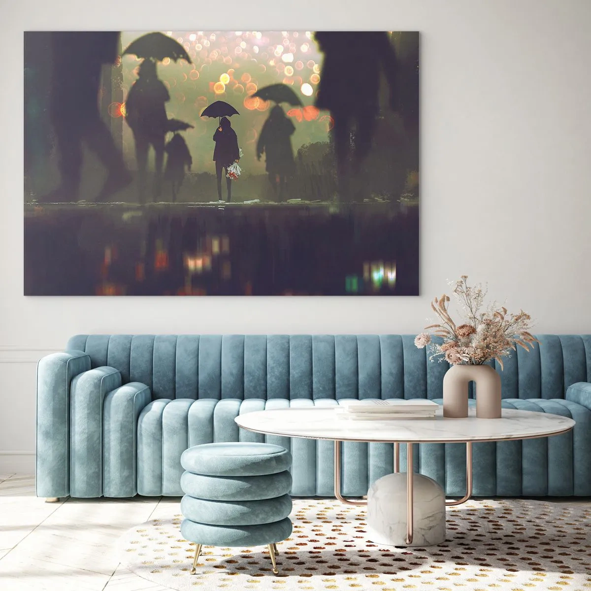 Tablou pe sticlă - Figuri cu umbrele în ploaie pe fundalul luminilor orașului - 70x50cm - Din perspectiva unei picături de ploaie - Decorațiune modernă pentru perete pentru living și dormitor ARTTOR