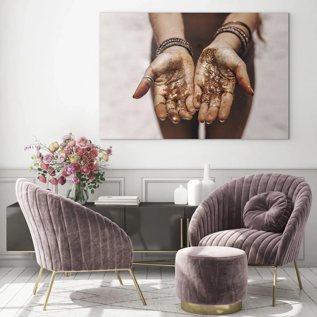 Tablou pe sticlă - Mâini deschise cu sclipici în lumină caldă - 70x50cm - Un cadou pentru tine - Decorațiune modernă pentru perete pentru living și dormitor ARTTOR