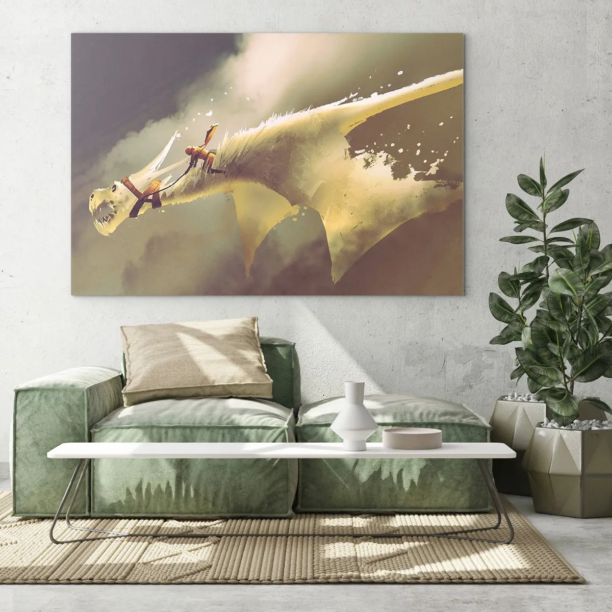 Tablou pe sticlă - O figură pe spatele unui dragon alb într-un peisaj cețos - 70x50cm - Salvăm lumea - Decorațiune modernă pentru perete pentru living și dormitor ARTTOR