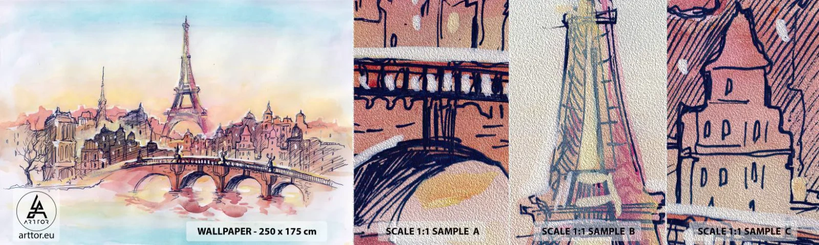 Mostră tapet Premium Sand - Singurul oraș de acest fel din lume - Oraș, turnul Eiffel, Paris - 100x30 cm