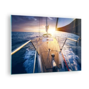 Tablou pe sticlă - Puntea unei bărci cu pânze pe fundalul apusului de soare și al valurilor mării - 70x50cm - Alergând pe valuri - Decorațiune modernă pentru perete pentru living și dormitor ARTTOR