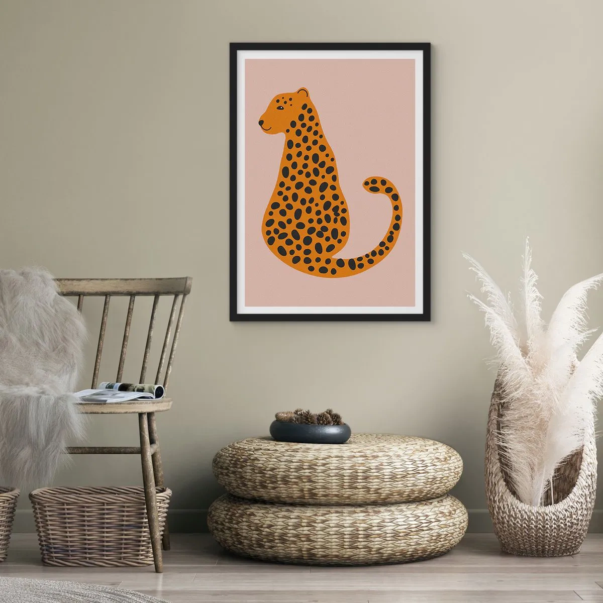 Poster în ramă neagră - Ghepard minimalist pe fundal bej - 50x70cm - Modelul leopard este tot timpul la modă - Decorațiune modernă pentru perete pentru living și dormitor ARTTOR