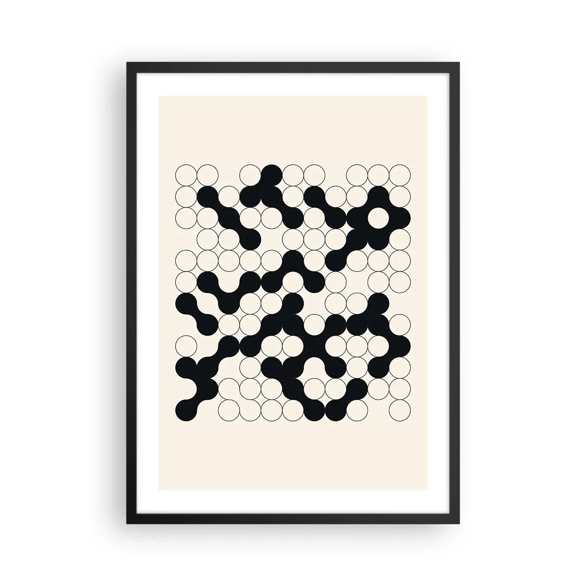 Poster în ramă neagră - Compoziție geometrică de cercuri alb-negru - 50x70cm - Joc chinezesc - o variație - Decorațiune modernă pentru perete pentru living și dormitor ARTTOR