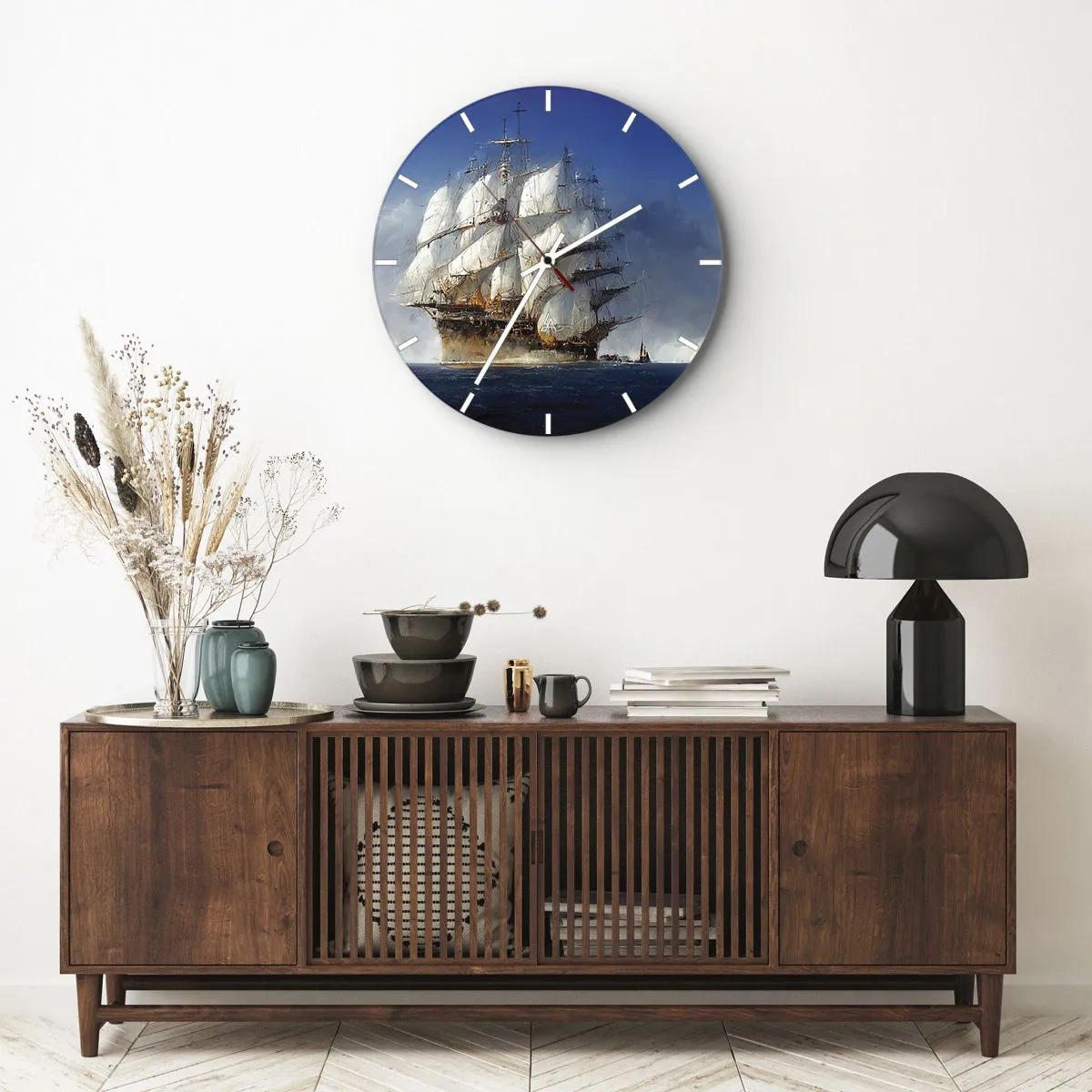 Ceas de perete - Ceas pe sticlă - O corabie cu pânzele desfăcute, navigând pe mare împotriva vântului. - 30x30cm - The great glory! - Decorațiune modernă pentru perete pentru living, bucătărie și dormitor ARTTOR