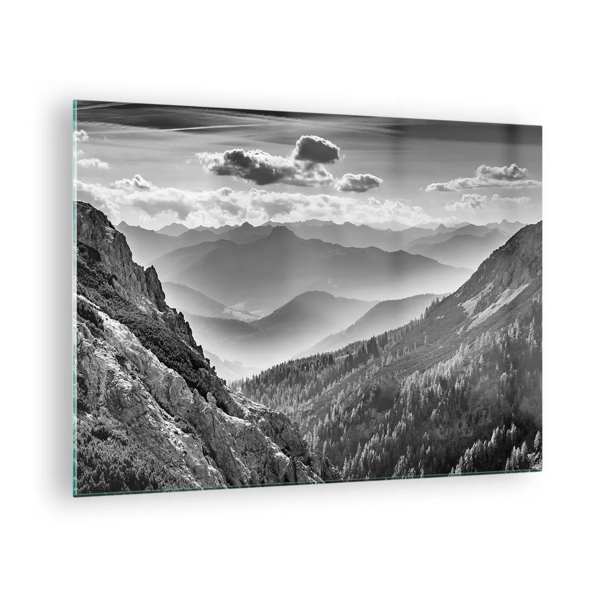 Tablou pe sticlă - Panoramă montană alb-negru cu vedere la vale - 70x50cm - Dincolo de orizont - Decorațiune modernă pentru perete pentru living și dormitor ARTTOR