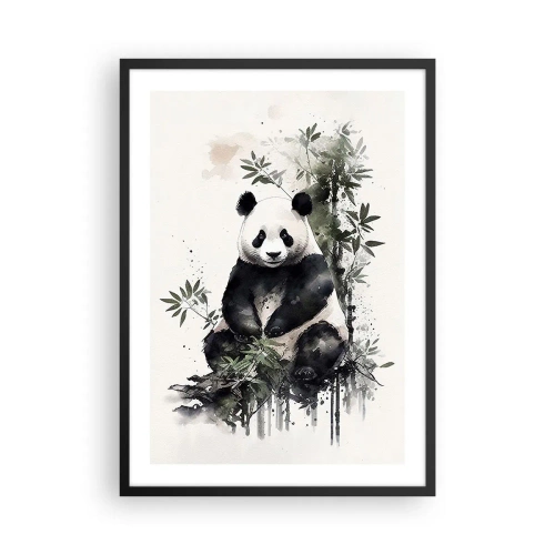 Poster în ramă neagră - Panda în acuarelă înconjurat de frunze de bambus - 50x70cm - Salutări din China - Decorațiune modernă pentru perete pentru living și dormitor ARTTOR