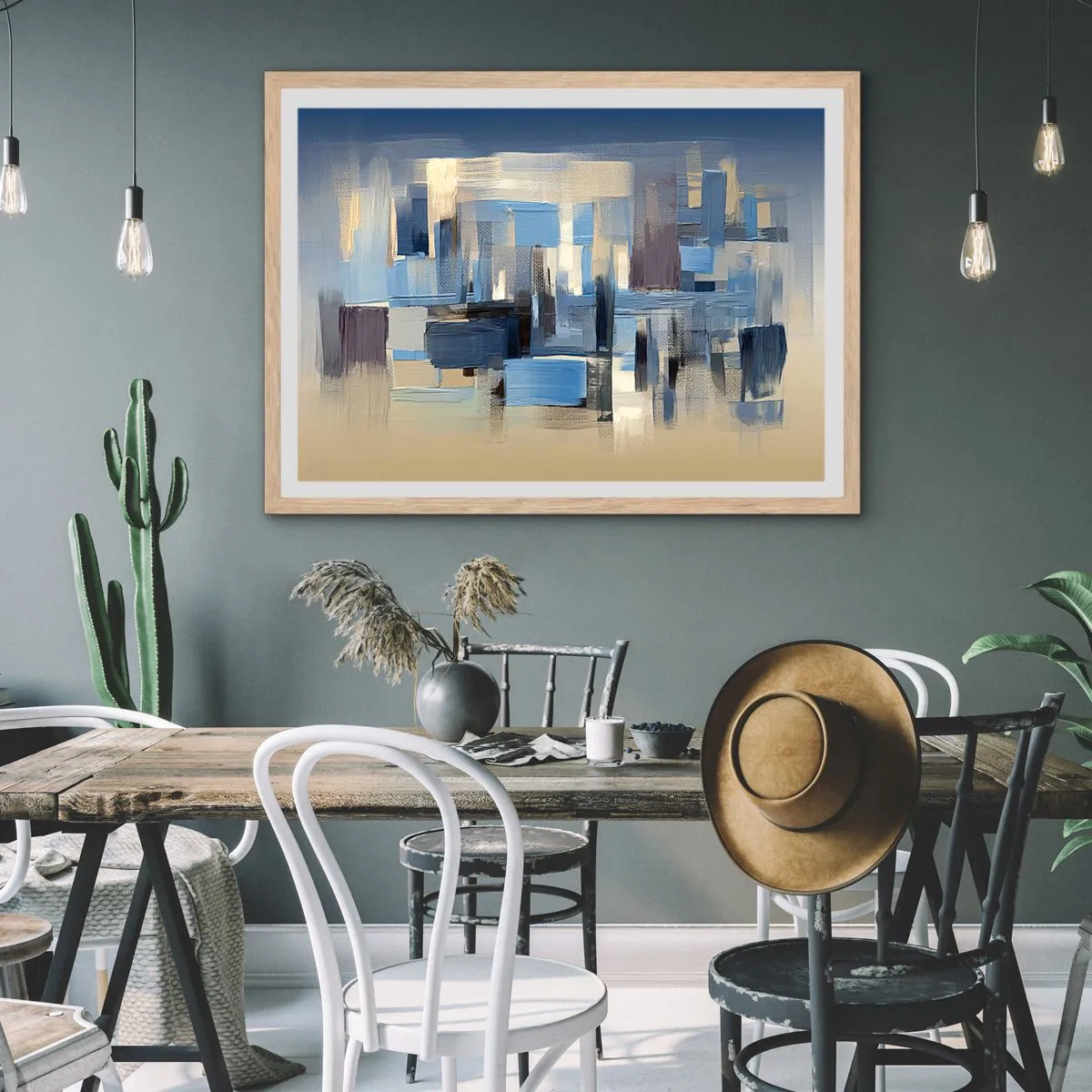 Poster în ramă de stejar deschis - Construcție albastră - 70x50 cm