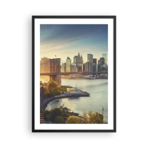 Poster în ramă neagră - Podul Brooklyn și orizontul Manhattanului la amurg - 50x70cm - Zorii metropolitani - Decorațiune modernă pentru perete pentru living și dormitor ARTTOR