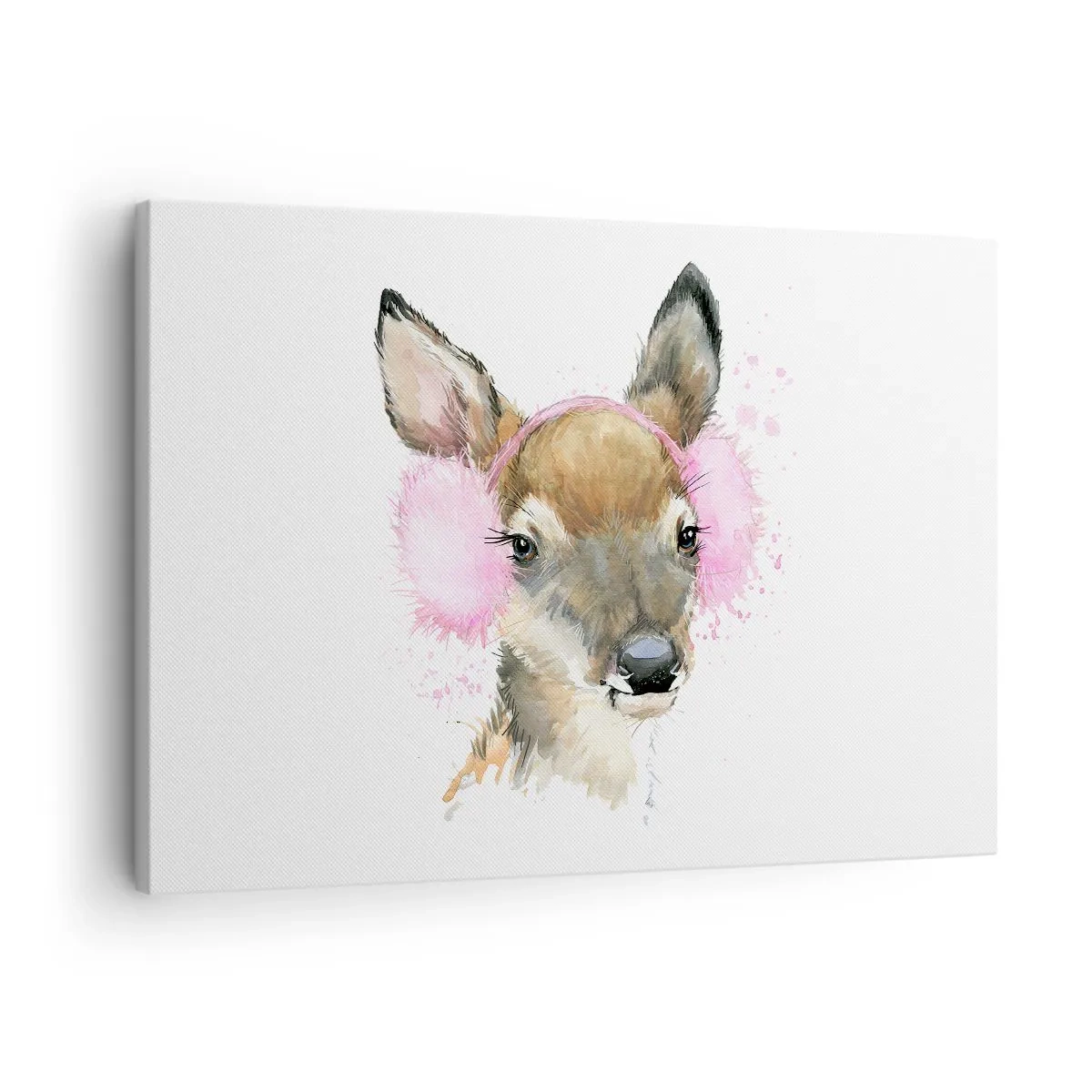 Tablou pe pânză Canvas - Căprioară în acuarelă cu căști roz - 70x50cm - Și gerul nu mai este înfricoșător - Decorațiune modernă pentru perete pentru living și dormitor ARTTOR